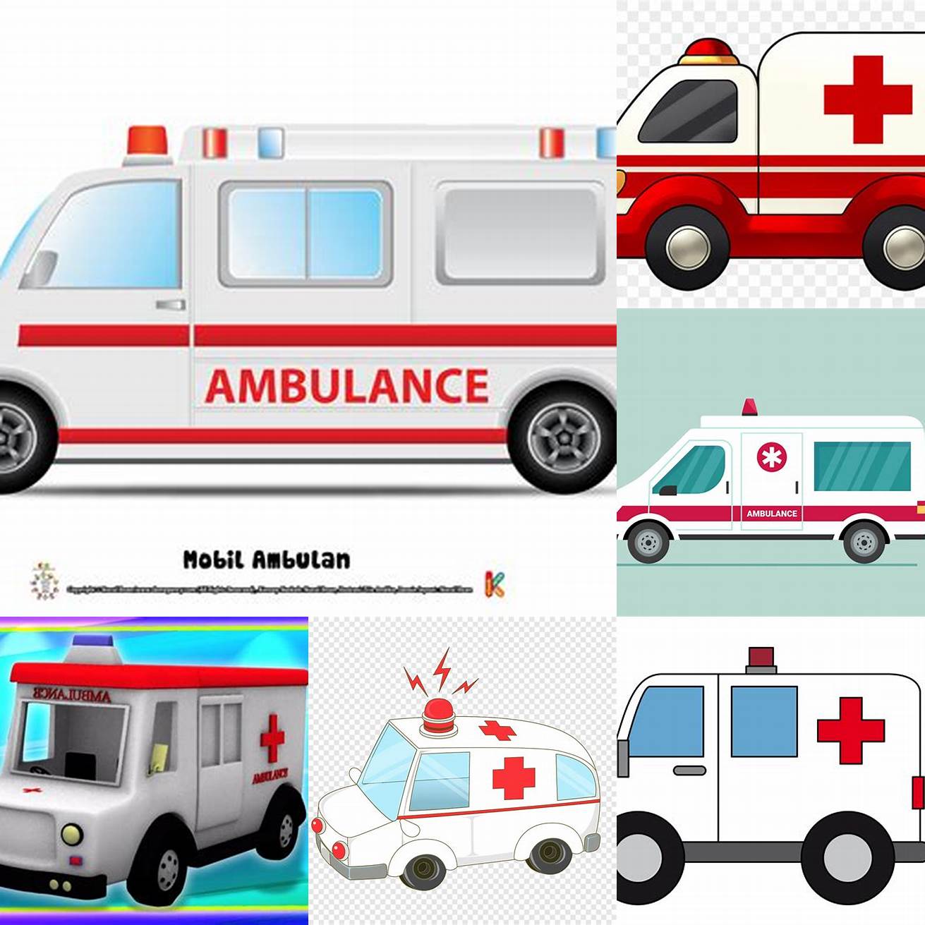 Mobil ambulance kartun dengan warna-warna yang cerah