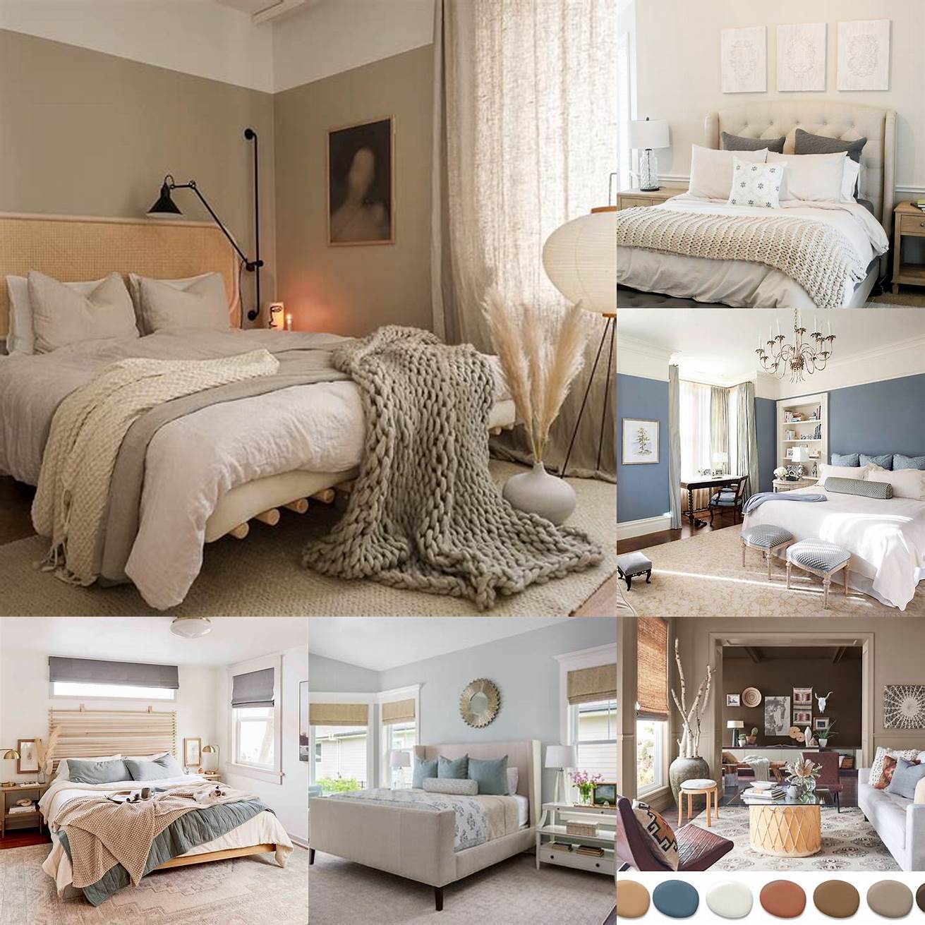 Neutral color palette with white bedding and wooden accents