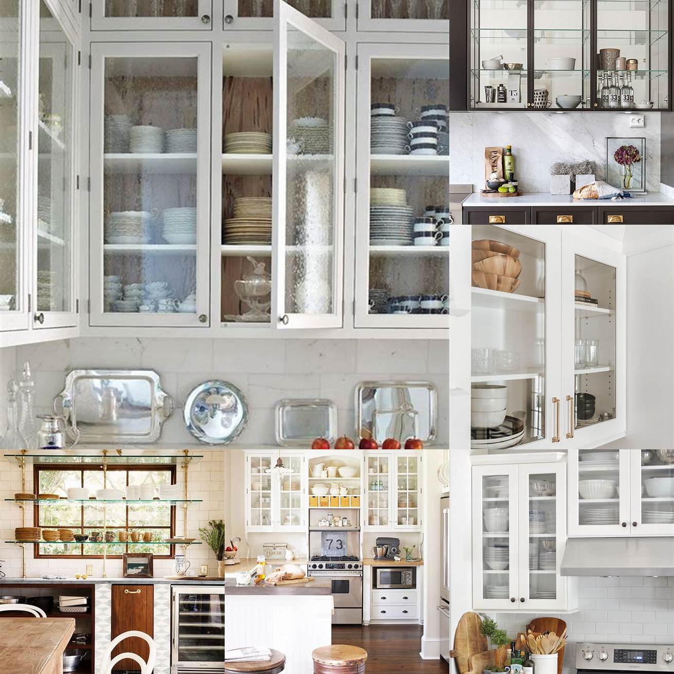 Open shelving and glass-front cabinets