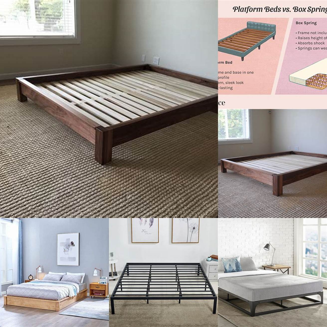 Platform Bed A platform bed has a low profile and does not require a box spring