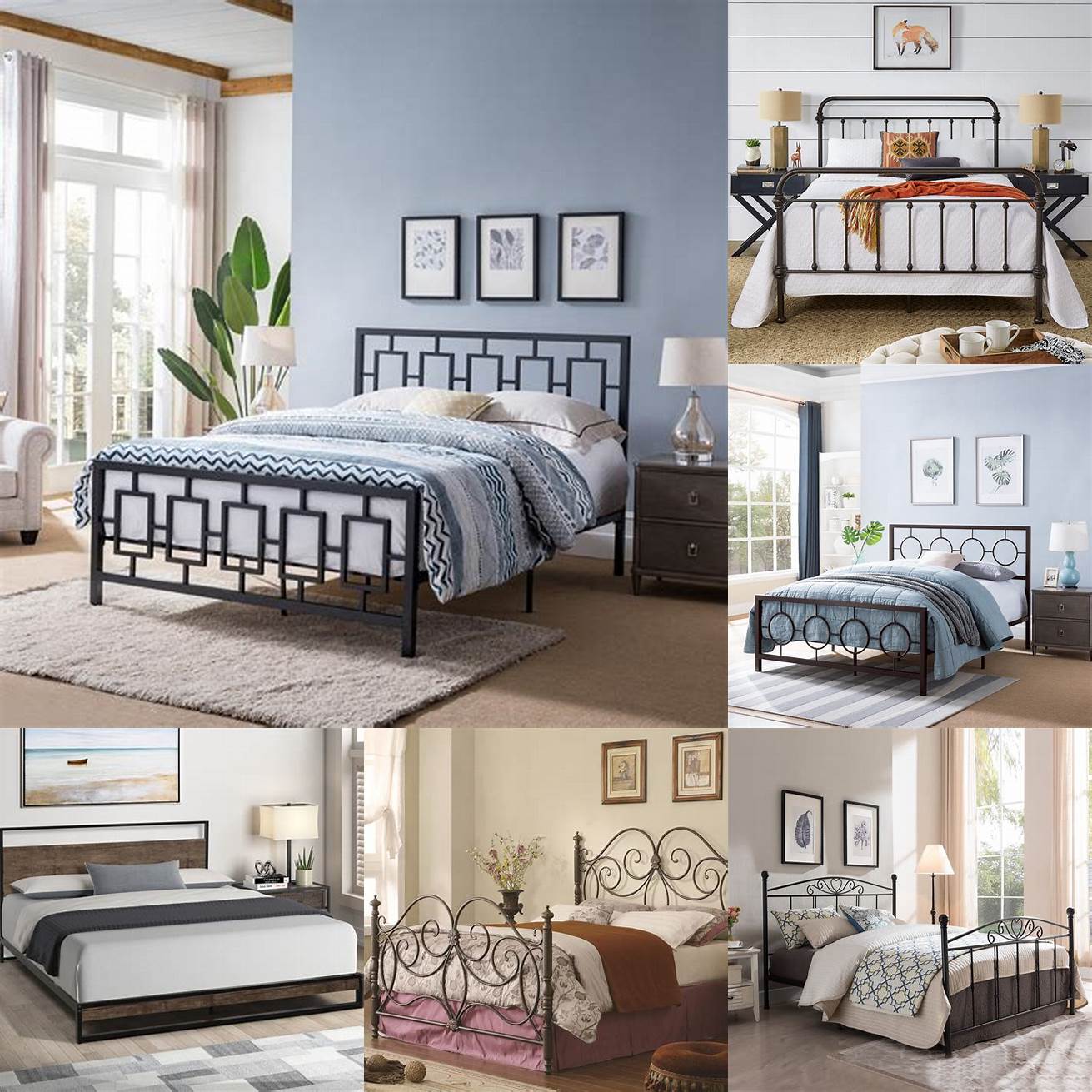 Platform iron bed frame queen with neutral bedding and geometric decor
