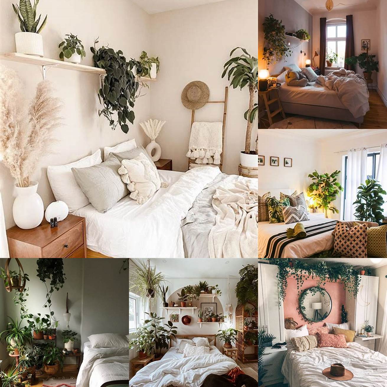 Relaxing bedroom with soft lighting and plants