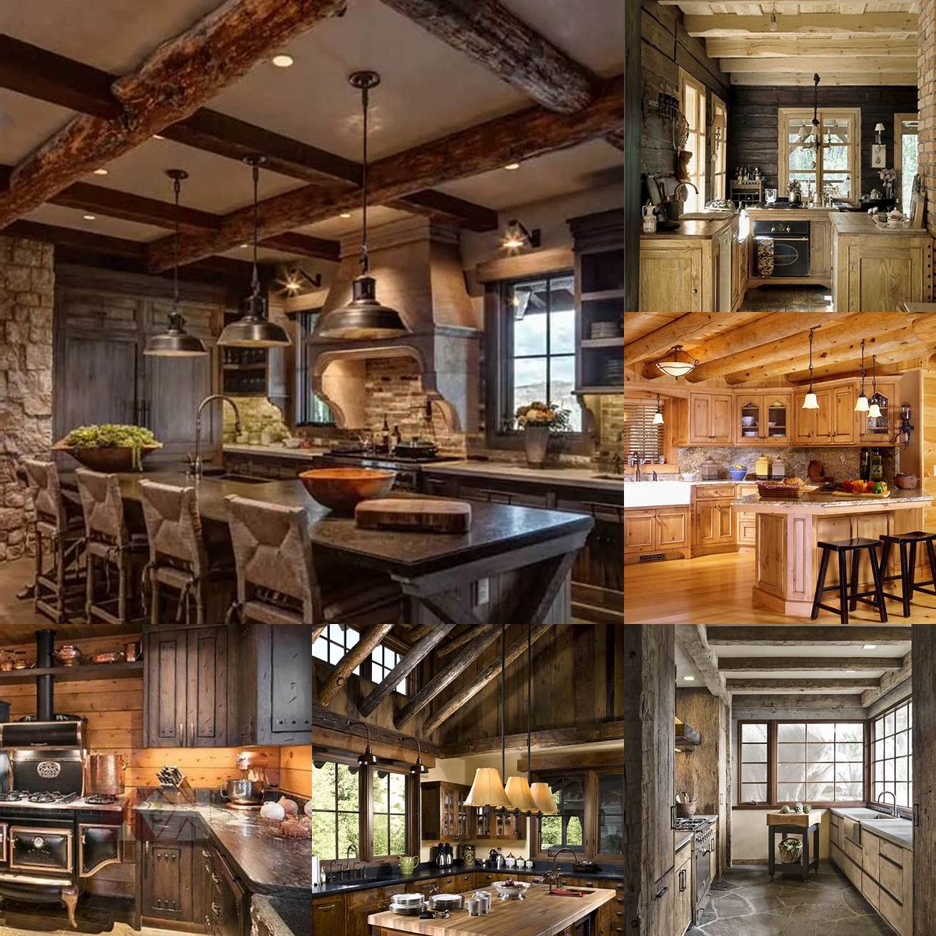 Rustic cabin-style kitchen with stone walls wood plank flooring and a large stone fireplace The vintage-style appliances and furniture add to the cozy cabin-like feel