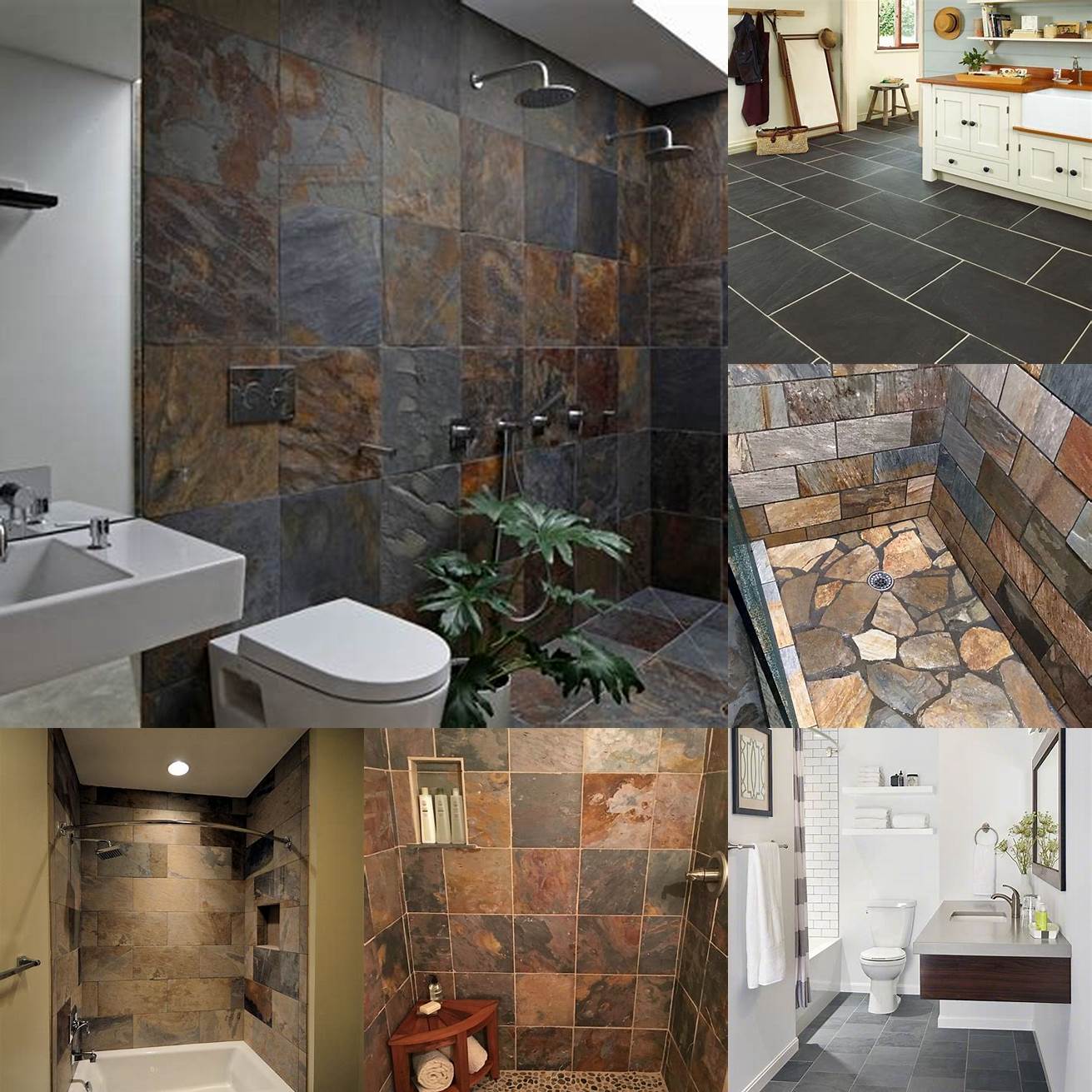 Slate floor tiles give a rustic and earthy look to your bathroom