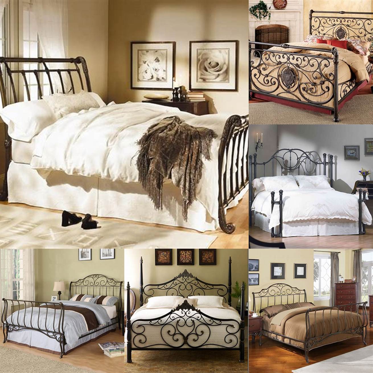 Sleigh iron bed frame queen with pastel bedding and floral wallpaper