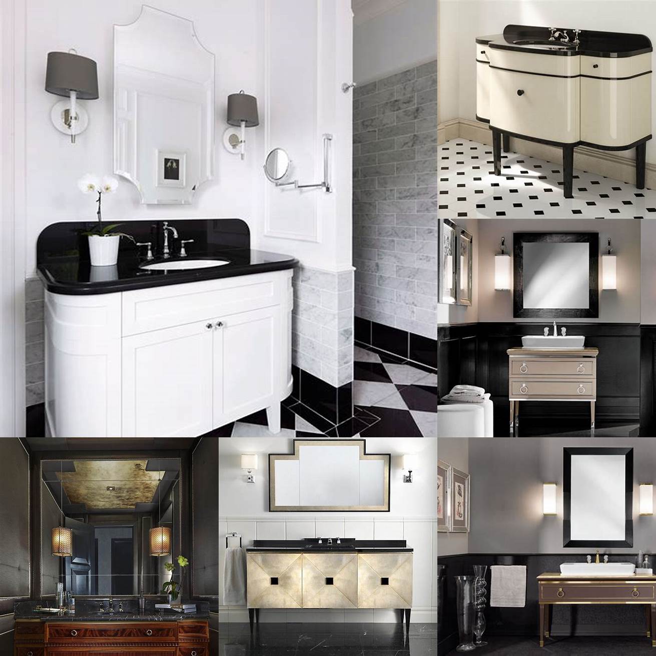 This Art Deco Bathroom Vanity features a sleek and streamlined design with metallic accents