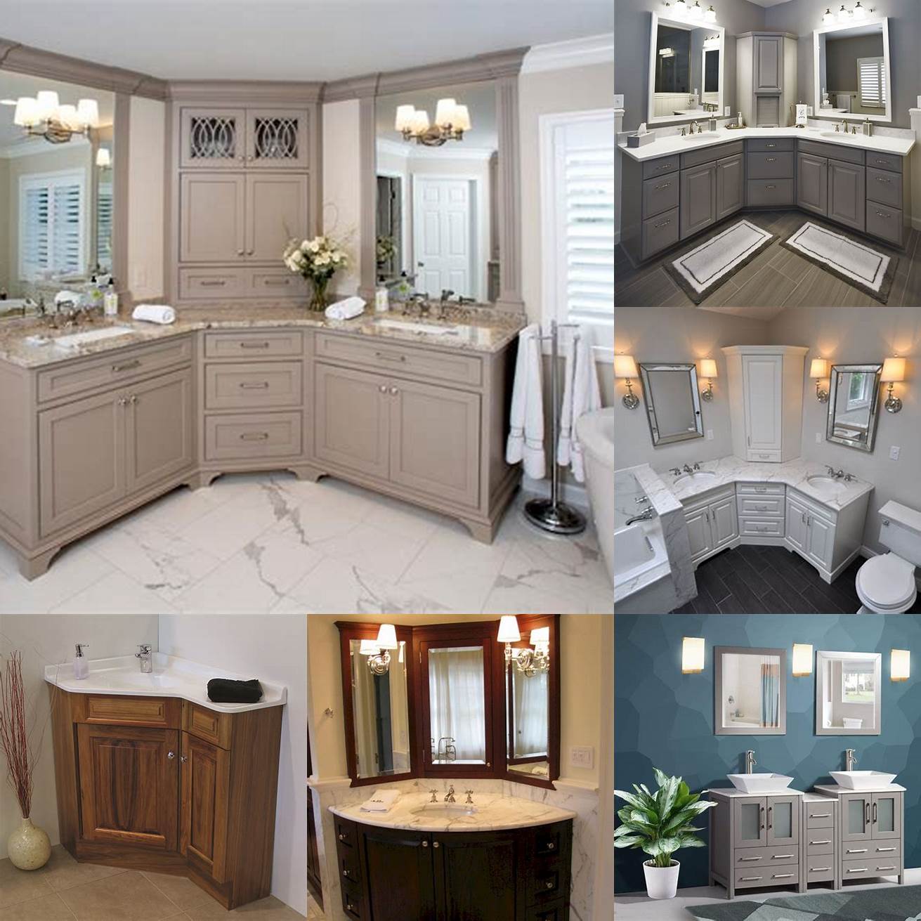 This corner bathroom vanity set includes a double sink for added functionality