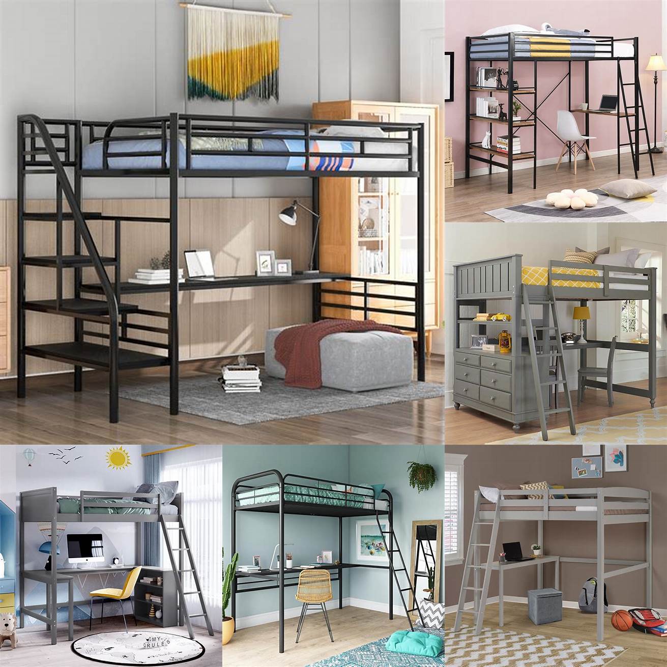 This industrial set includes a loft bed frame bookshelf and desk perfect for a boy who loves building and creating