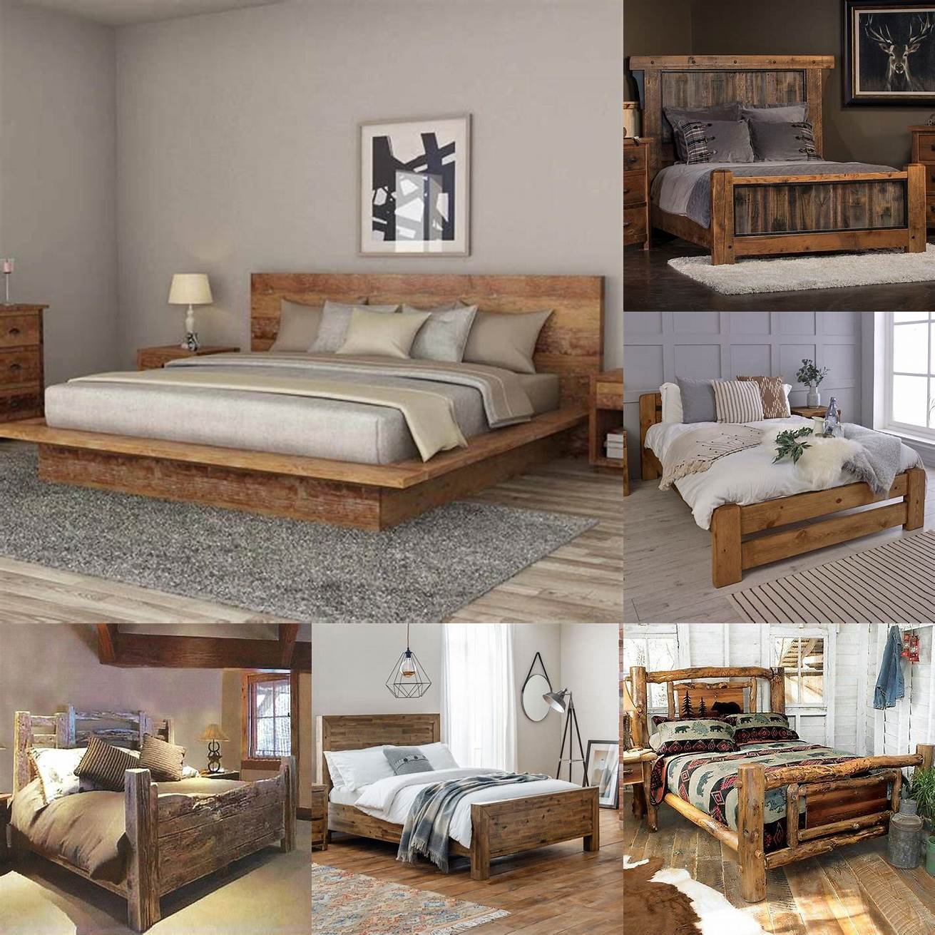 This rustic wooden bed frame adds warmth and texture to this bedroom