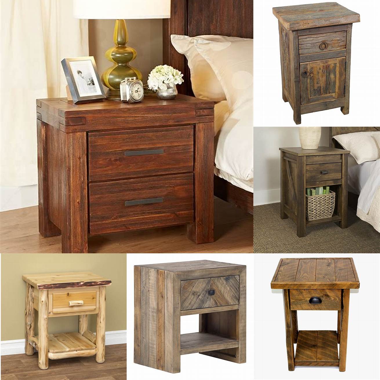 This rustic wooden nightstand adds warmth and character to this bedroom