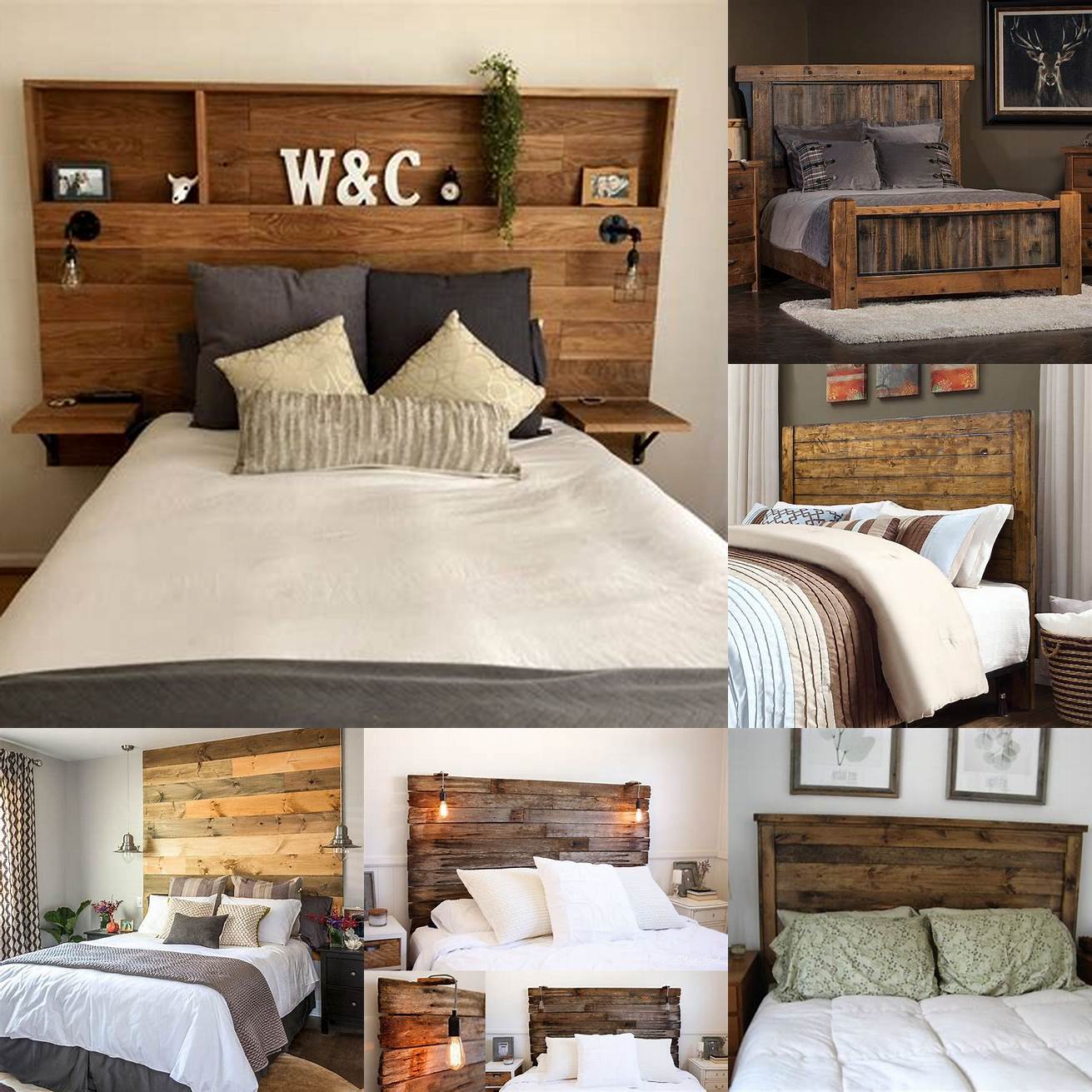 This rustic-style floor bed features a wooden headboard and earthy-toned bedding