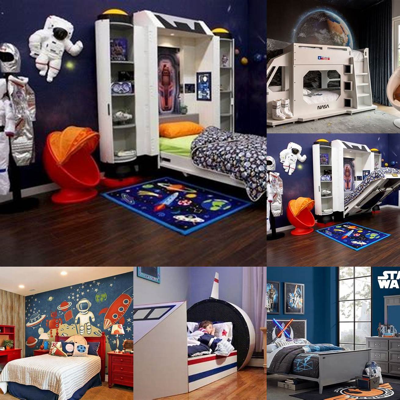 This space-themed set includes a bunk bed frame nightstand and dresser perfect for a boy who dreams of being an astronaut