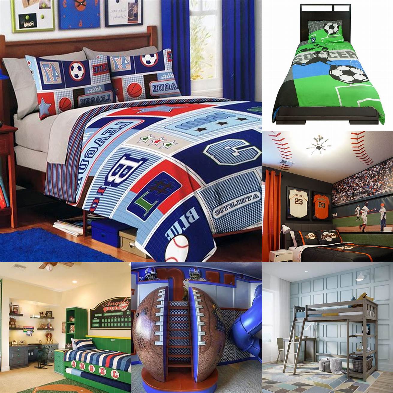 This sports-themed set includes a twin bed frame bookshelf and desk perfect for an active and athletic boy