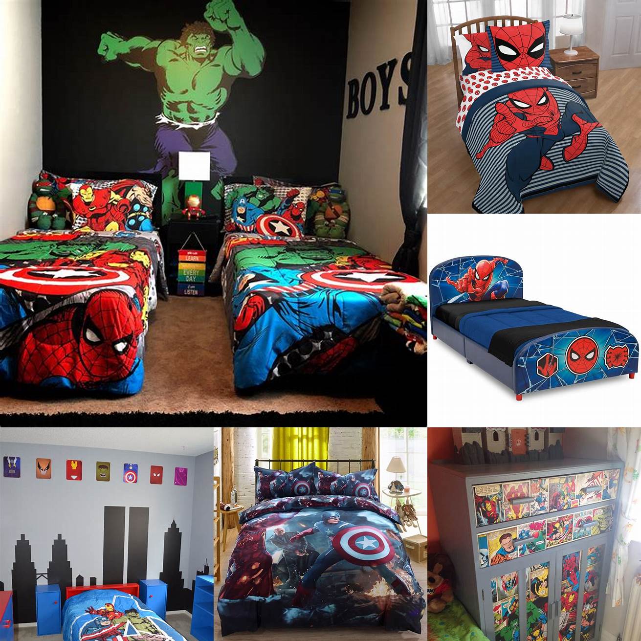 This superhero-themed set includes a twin bed frame nightstand and dresser perfect for a boy who loves comic books and action movies