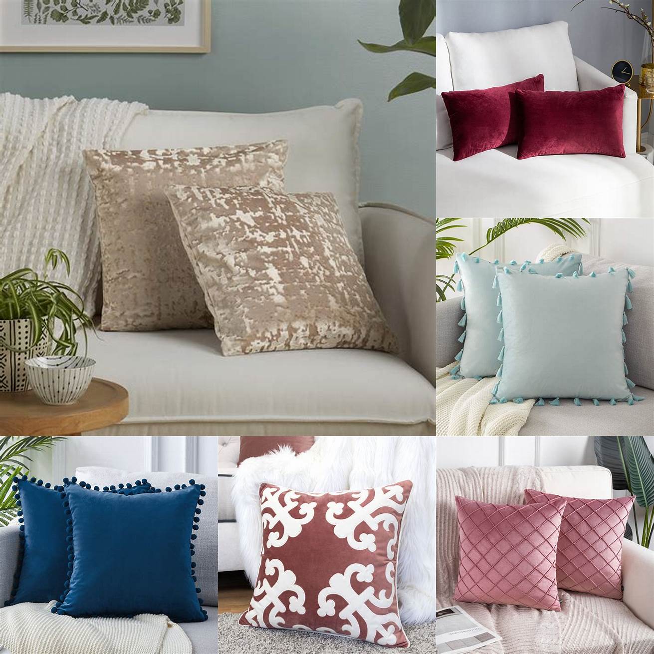 Velvet sofa with patterned pillows