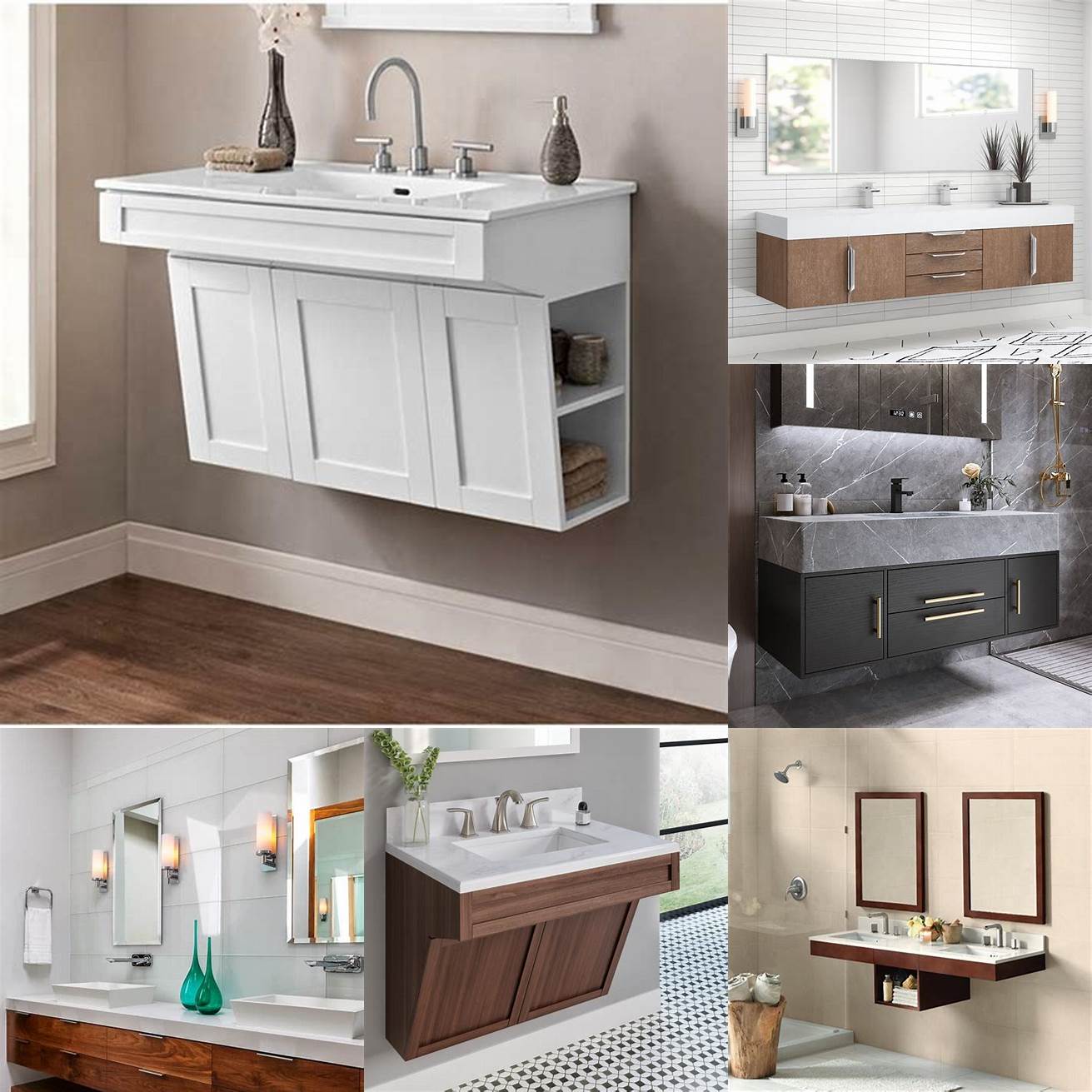 Wall-mounted vanities are attached to the wall freeing up floor space and making your bathroom look bigger They come in different styles and sizes and they can be made of different materials such as wood metal and glass They are easy to install and provide ample storage space However they require professional installation and can be more expensive than other types of vanities