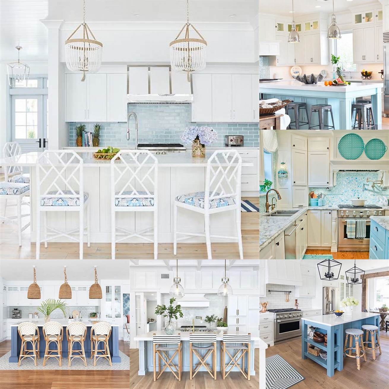White coastal kitchen with blue accents