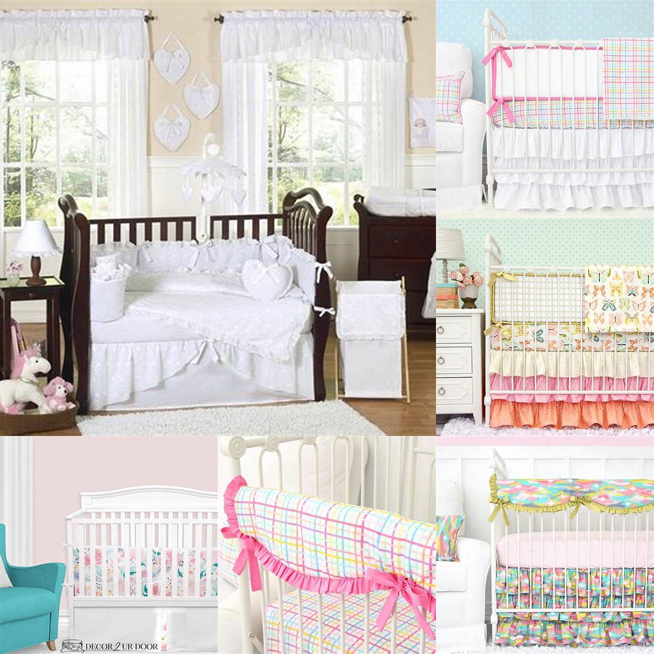 White crib with pastel bedding