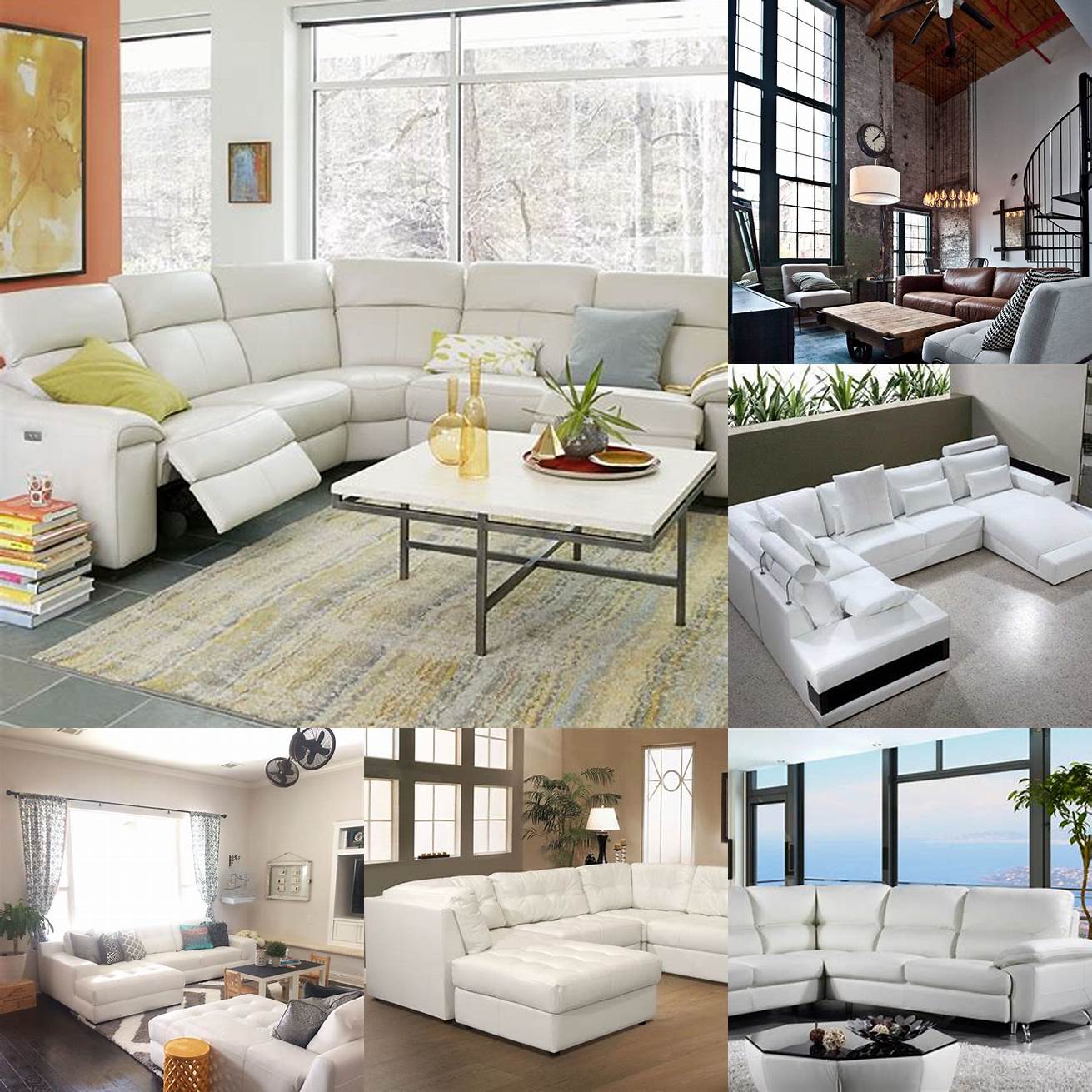 White leather sectional in an industrial living room
