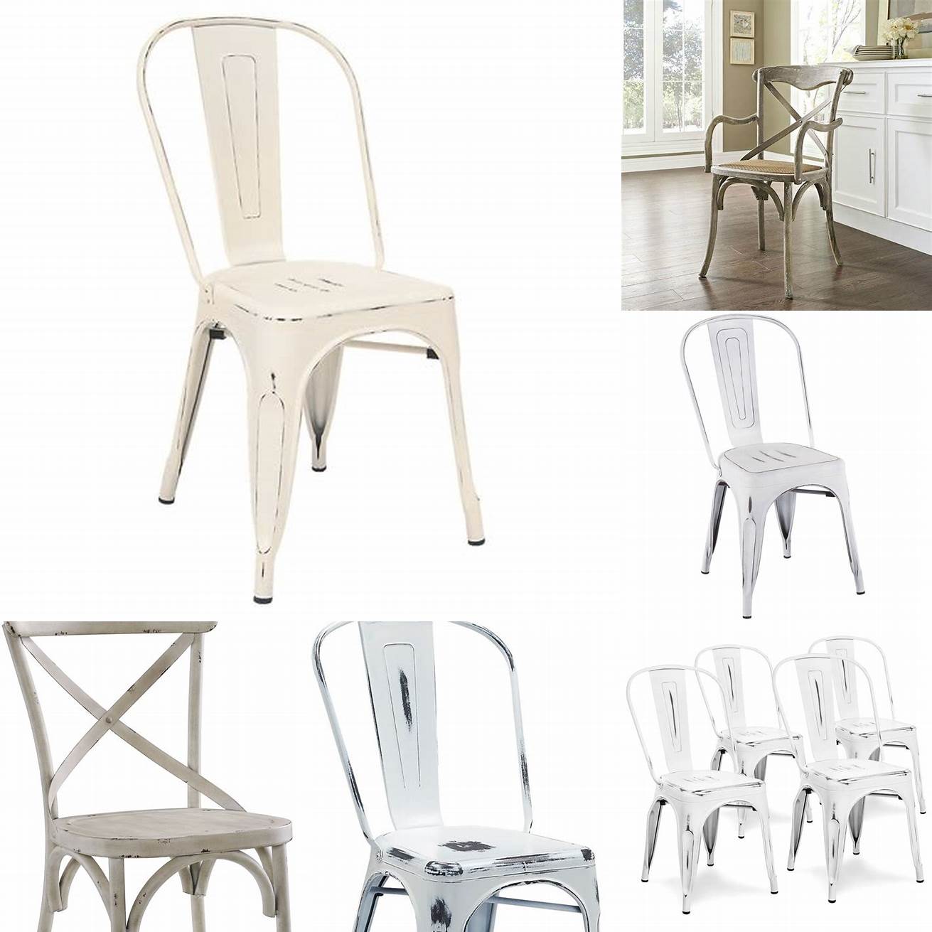 White metal chairs with a distressed finish