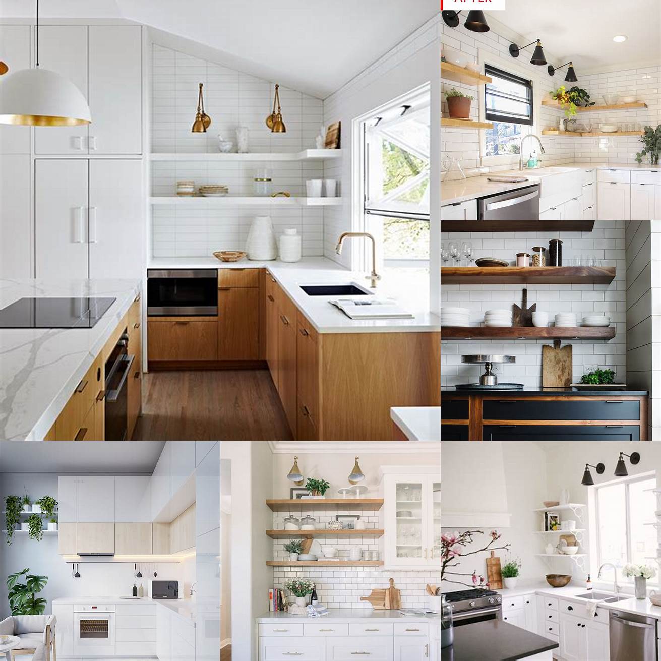 White minimalist kitchen with open shelving