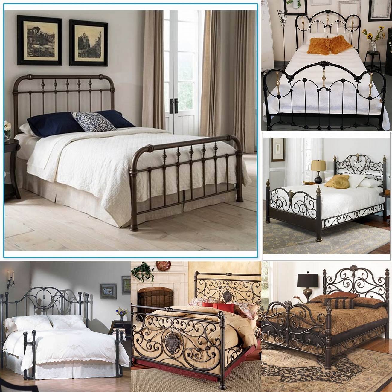 Wrought iron bed frame queen with dark bedding and bold patterns