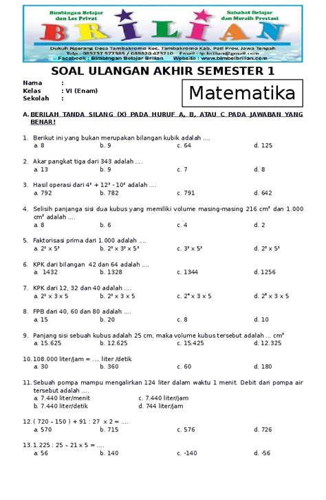 Soal UTS Kelas 6 Matematika Semester 1