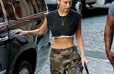 hadid bella camo pants crop top york abs nyc flashes toned steps city she her hawtcelebs celebmafia