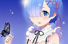 anime blue hair maid short zero re rem girls butterfly hajimeru shirt cleavage isekai kara seikatsu cartoon eyes wallpaper wallhaven