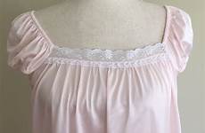 babydoll nightgown pink nightie vintage 50s blush neckline xs ruffle hem romantic cap sleeve lace small size