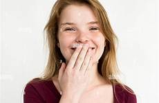 shy giggle girl mouth woman covering stock alamy young portrait
