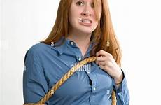 tied woman office chair desperate her alamy