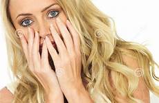 scared woman hands blonde young frightened shocked hiding her behind attractive mouth covering surprised twenties hair long dreamstime eyes stock