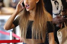 ariana grande fake jeans nude tan tight top deep toe off crop shoulder blouse waisted peep high bronze she tops