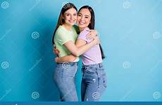 profile couple friends fellows cheerful overjoyed lesbians mood hugging buddies students wear young good