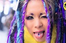 raver girls harajuku kandi hair tongue purple tokyofashion falls rave ichika platforms spikes pierced catching eye tokyo japanese kandy outfits