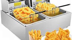 Qhomic Deep Fryer with Dual Tank, 3000W 2x6L Stainless Steel Electric Commercial Countertop Deep Fryer, Adjustable Temperature Limiter for Turkey French Fries Home（URL Authentication）