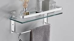 Bathroom Rectangular Tempered Glass Shelf with Towel Bar, 1 Tier, Silver