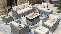 CAODOC 10 Pieces Wicker Patio Furniture Sets Outdoor Furniture Sectional Patio Couches Set 42" Fire Pit Table