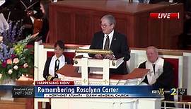 James Earl Carter III speaks at his mother, Rosalynn Carter's, tribute service