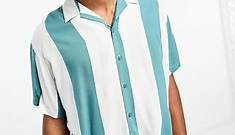Jack & Jones Originals oversized revere collar shirt in green stripe  | ASOS