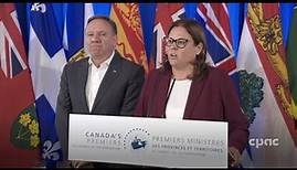 Premiers Heather Stefanson and François Legault speak to reporters in Winnipeg – July 11, 2023