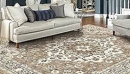 Washable Oriental Area Rug - 8x10 Rugs for Living Room Soft Carpet for Bedroom Waterproof Floral Distressed Indoor Stain Resistant Non-Shedding Floor Carpets (Beige, 8x10)