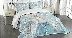 Ambesonne Peacock Bedspread, Peacock Pattern on The Wall Nature Colorful Ornate Artwork Print, Decorative Quilted 3 Piece Coverlet Set with 2 Pillow Shams, King Size, Yellow Blue