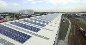 Solar panels on a warehouse using steel metal cladding and roofing systems