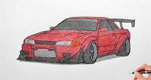 How to draw a NISSAN SKYLINE GT-R R32 1989 / drawing nissan gtr 1990 widebody stance car