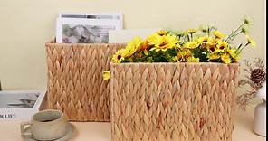 2 Pcs Woven Magazine Holder Natural Magazine Basket with Handle Decorative Wicker Narrow Baskets for Storage Bathroom Home Office Desk File, 14.9 x 5.9 x 9.8 Inch, 12.9 x 3.9 x 9 Inch