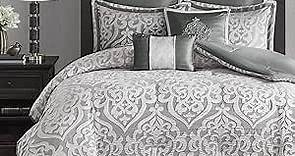 Madison Park Odette Cozy Comforter Set Jacquard Damask Medallion Design - Modern All Season, Down Alternative Bedding, Shams, Decorative Pillows, Queen(90 in x 90 in), Silver 8 Piece