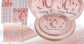 30th birthday decorations for women her - (Total 121pcs) rose gold Birthday supplies Plates and Napkins, Cups, Straws, tablecloth, Disposable Tableware for 24 Guests
