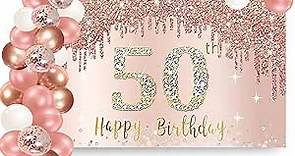 Happy 50th Birthday Banner Backdrop Decorations with Confetti Balloon Garland Arch, Rose Gold 50 Birthday Banner Balloon Set for Women, Pink 50 Year Old Bday Poster Photo Booth Decor